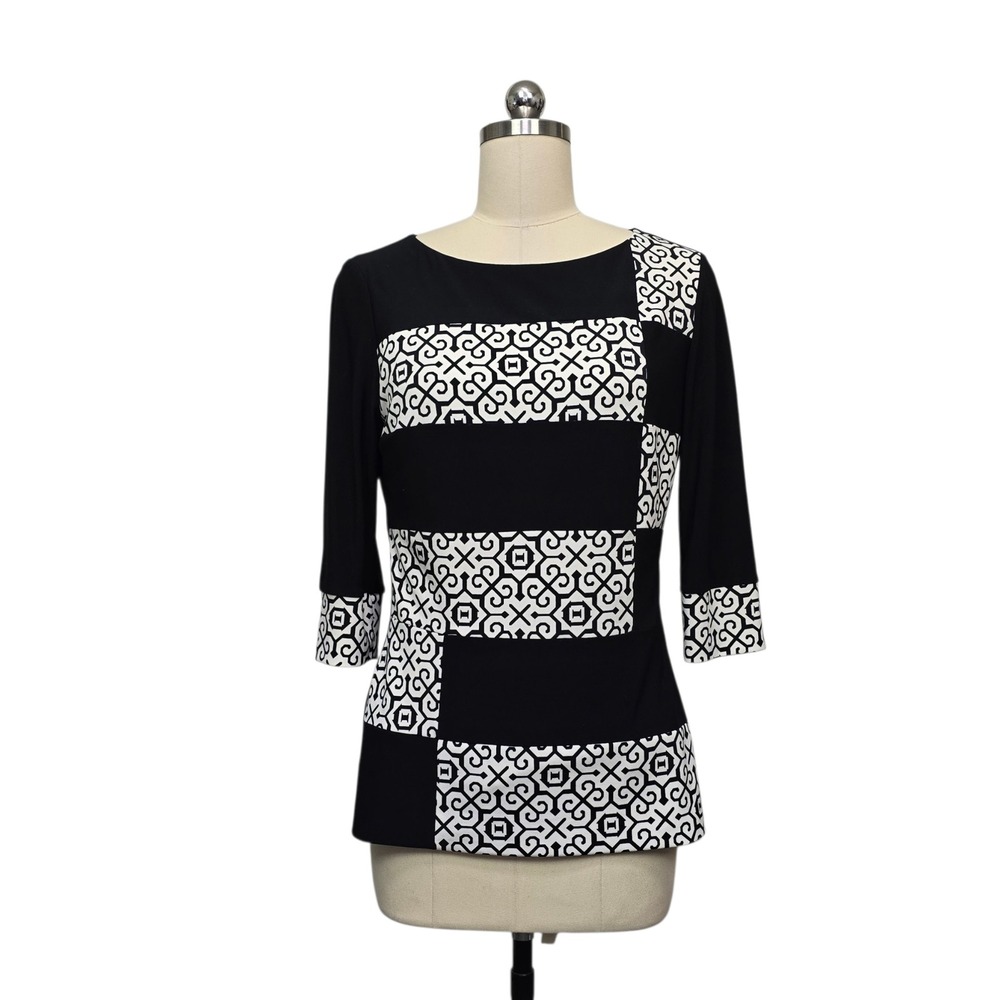 Joseph Ribkoff Black White Geometric Block Print Boat Neck 3/4 Sleeve Top Size 6